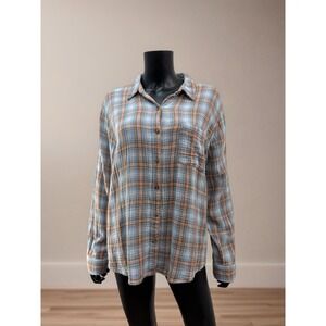 Universal Thread Plaid Button Up Shirt XL Blue Brown Cotton Oversized